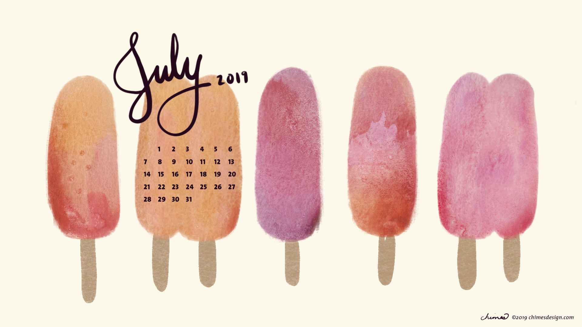 July 2019 desktop calendar on a watercolor popsicle background