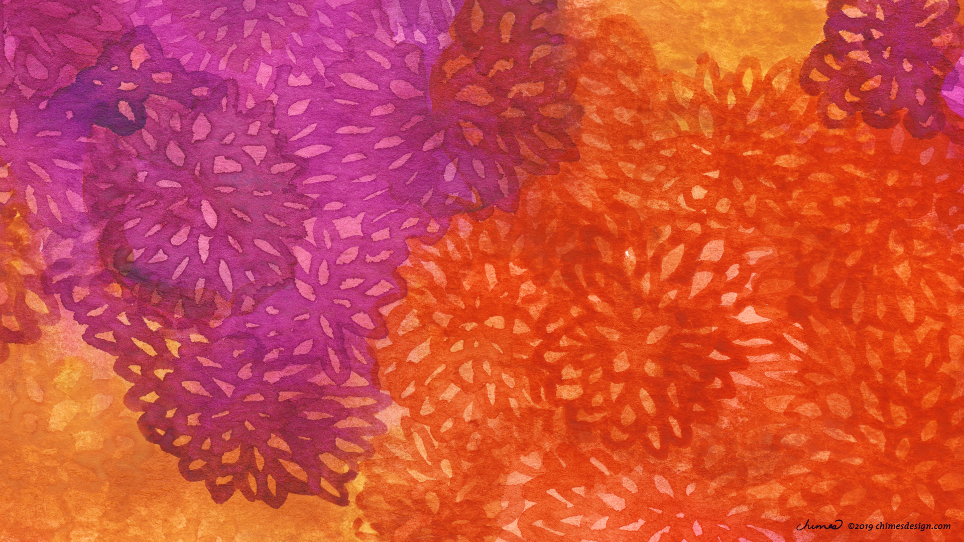 Abstract watercolor painting of orange, purple, and gold mums