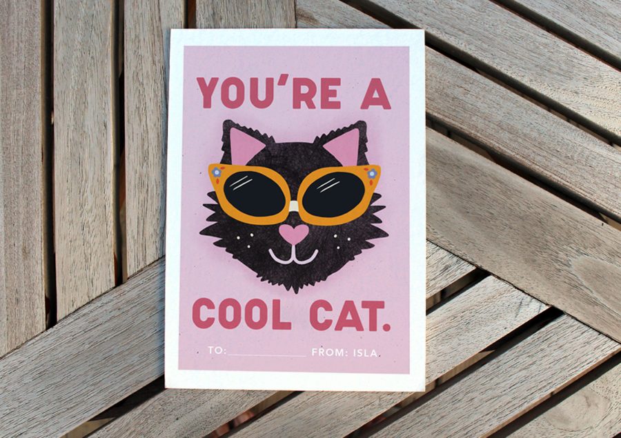 A greeting card featuring a cat in sunglasses that says "You're a cool cat"