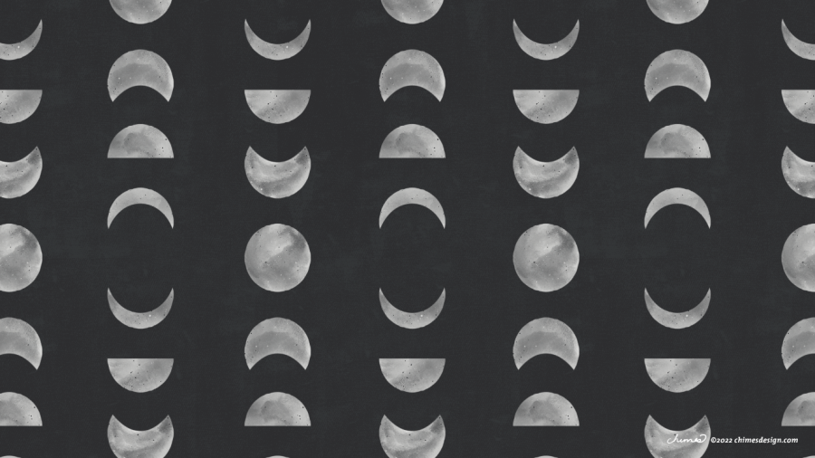 white moon shaped illustrations in a repeat pattern on a dark background